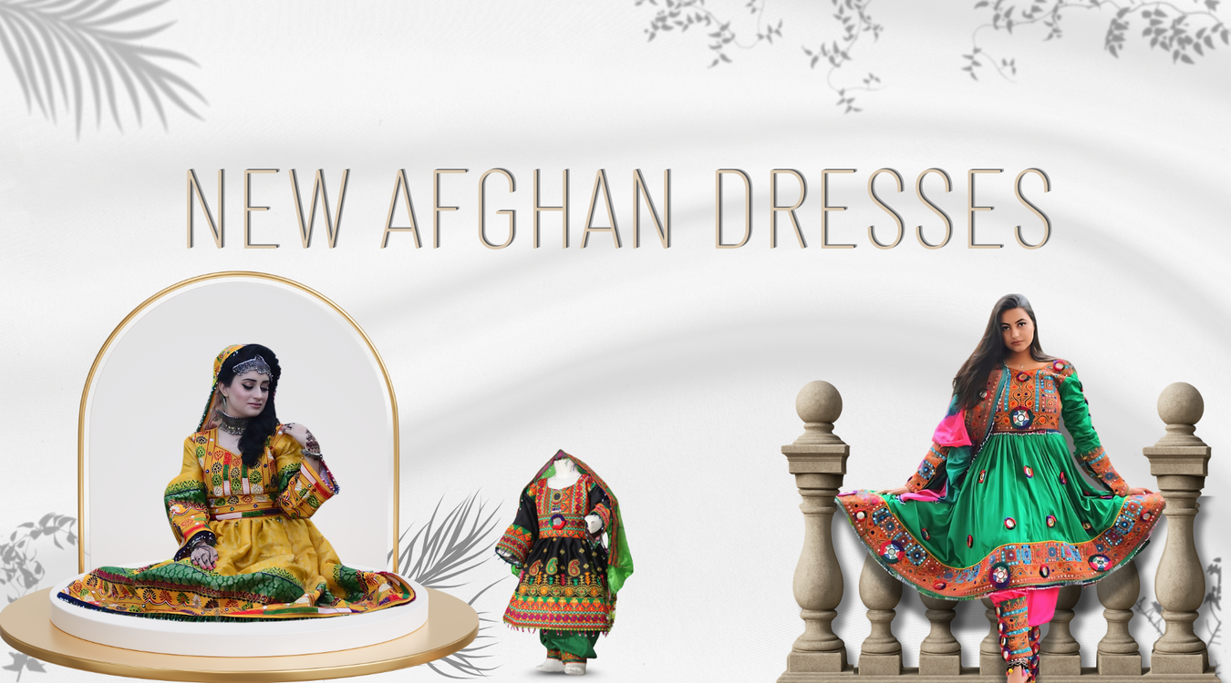 New Afghan dresses featuring colorful embroidery, traditional patterns, and flowing silhouettes, displayed on mannequins or models in a cultural setting.