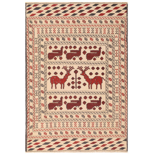 Hand Knotted Afghan Soumak Kilim Beige with Animal and Geometric Patterns
