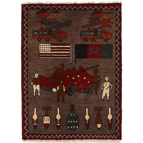 Aeroplan Tank War Design Afghan Hand Made Oriental Home Rug Decor 81x59cm