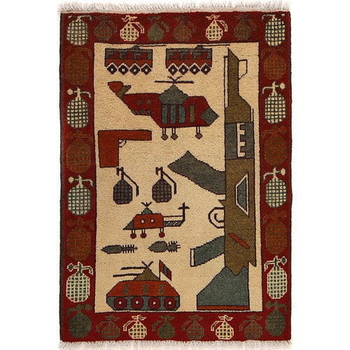Hand Knotted Oriental Traditional War Pictorial Design Afghan Rug