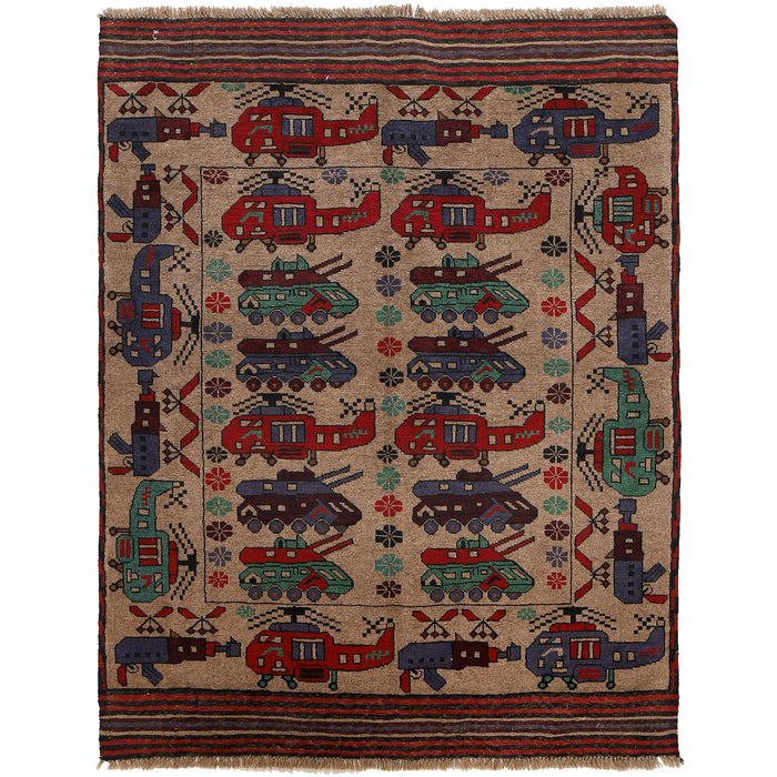 Afghan War Helicopter Tanks Motif Rug 5.5x4.2 ft