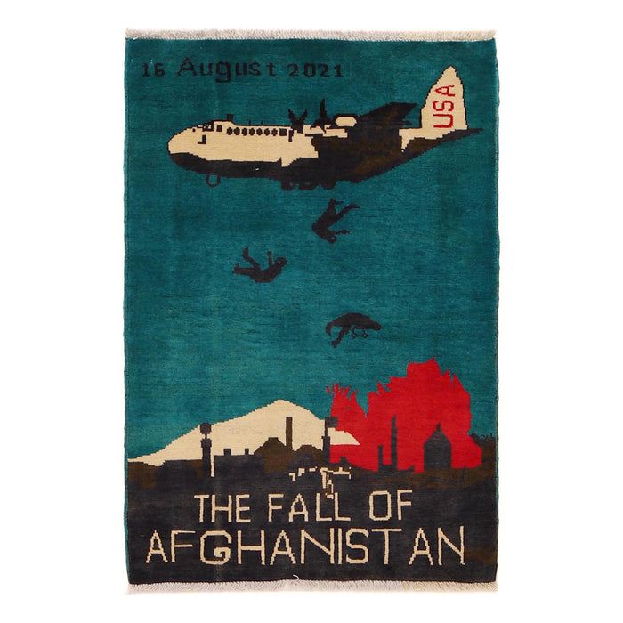 Afghan Man Falling Storytelling War Rug 4x2.6 ft