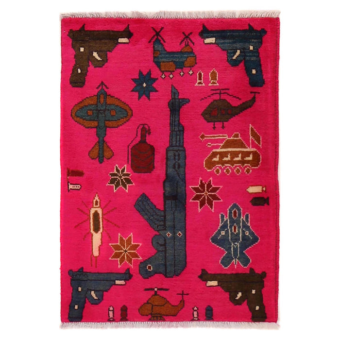 Afghan AK-47 Rug Symbolic Motif 2.8x1.9 ft