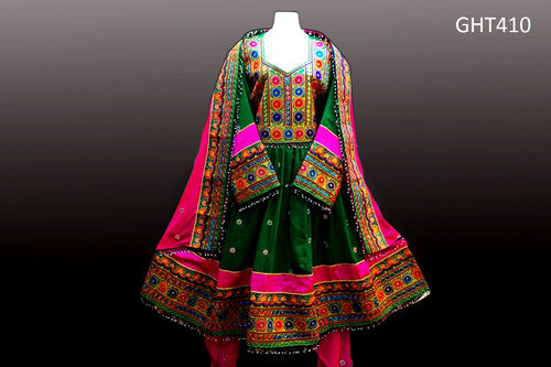 Afghan Clothes In Green And Pink Mirrors Work Persian Bridal Frock