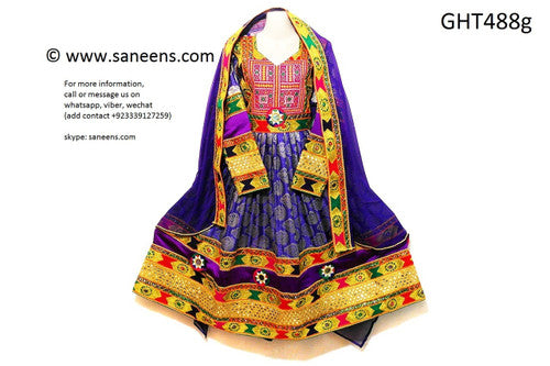 Afghan Gown In Blue Color Pashtun Bridal Frock Needlework Chest Patch