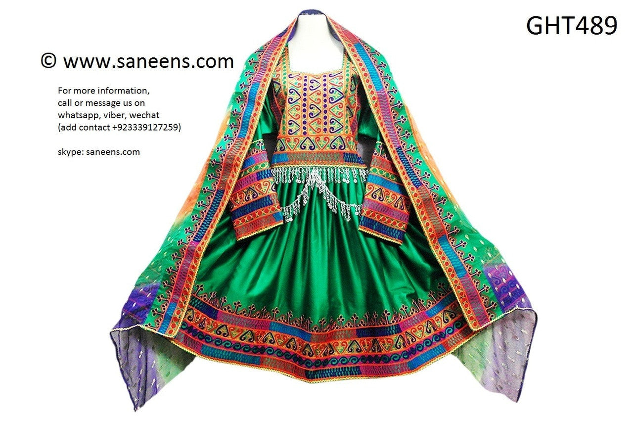 Pashtun Nikah Frock Afghani Dress In Green Color With Waist Chains X Large Pashtun Nikah Frock Afghani Dress In Green Color With Waist Chains X Large