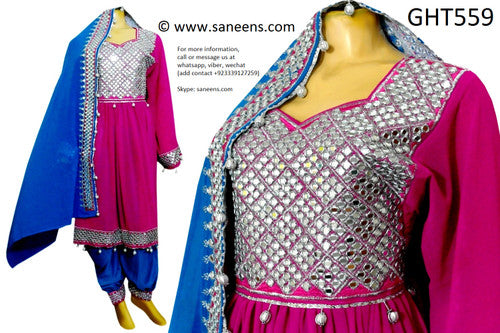 Elegant Afghan Dress in Pink & Blue