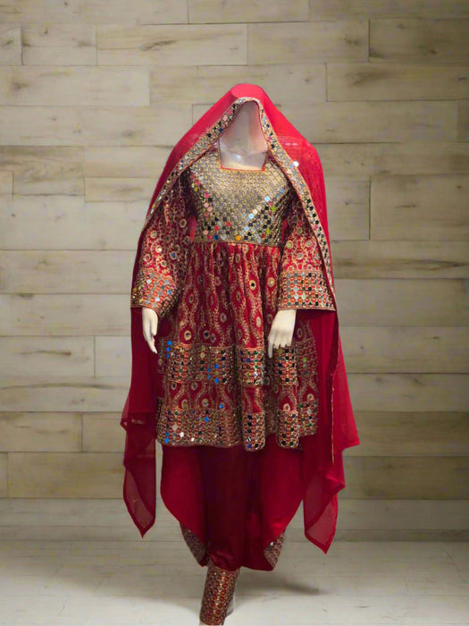 Mirrors Work Afghan Persian Bridal Red Frock