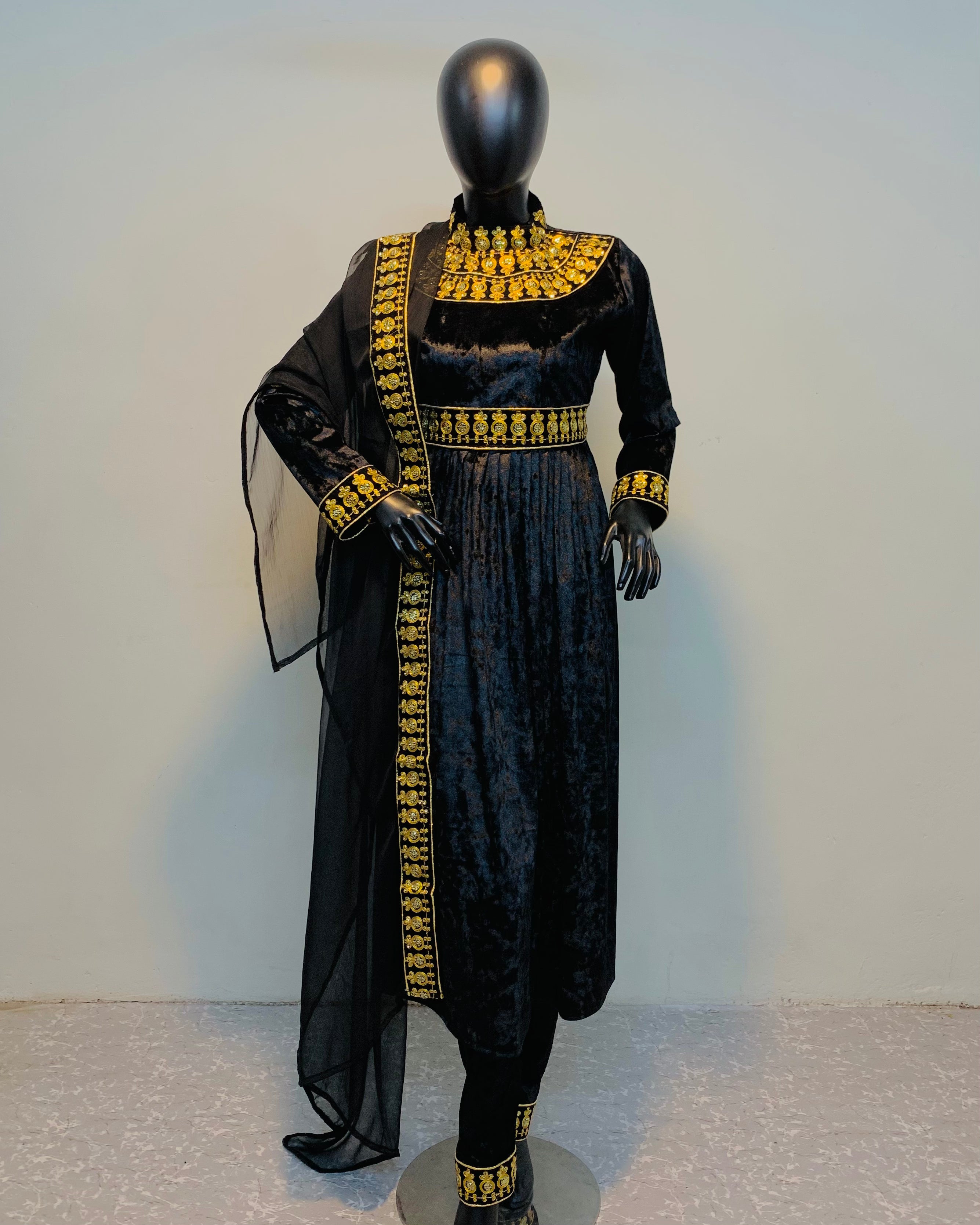 Luxury Black Velvet Afghan Dress Golden Embroidery Formal Wear – saneens.com