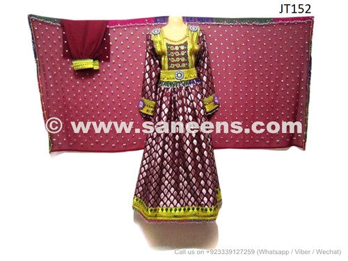 Burgundy Color Afghan Hand Embroidered Dress