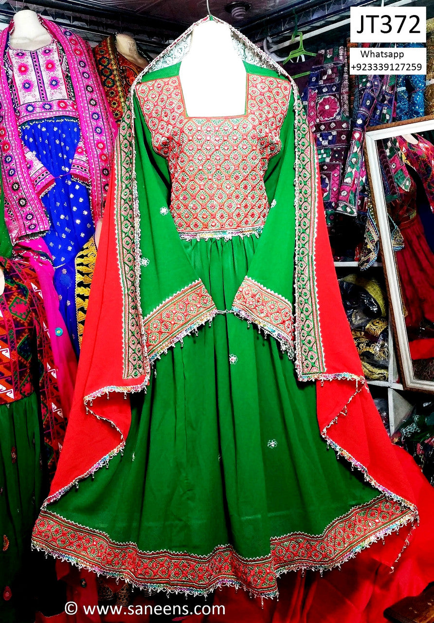 traditional pakhtoon wedding dress afghan clothes in green color   saneens.com