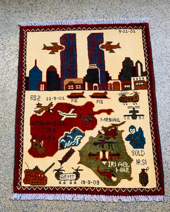 Handwoven 9/11 War Scene Rug 2.6x2 ft