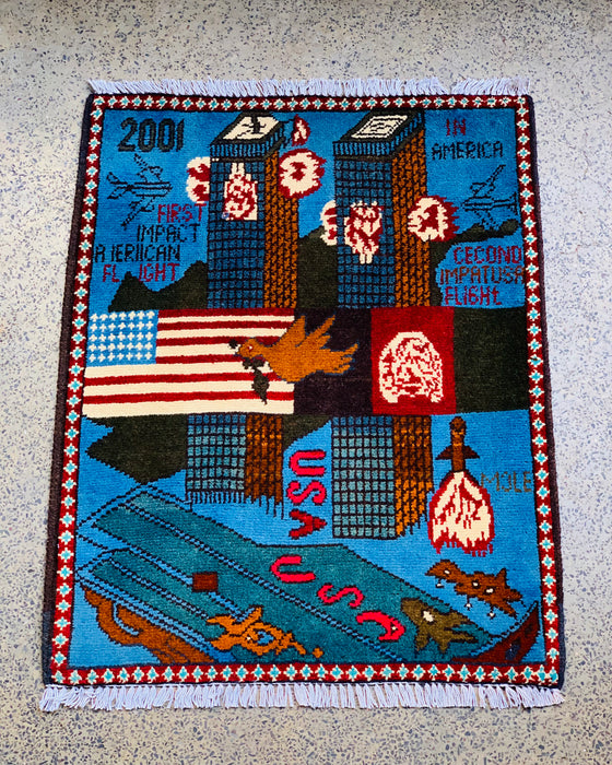 Afghan Heritage 9/11 War Carpet 2.6x2 ft