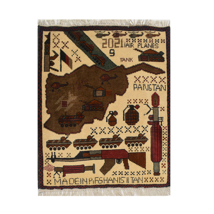 Afghan Map Rug Artisan Pattern 2.5x2.1 ft