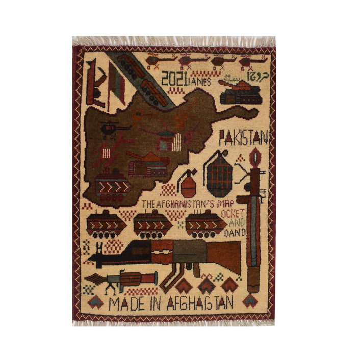 Afghan Map Rug Cultural Symbols 2.6x2 ft