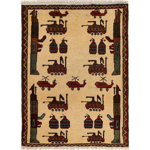 Handmade Afghan War Weapons Rug Living Room Pictorial Beige Rug