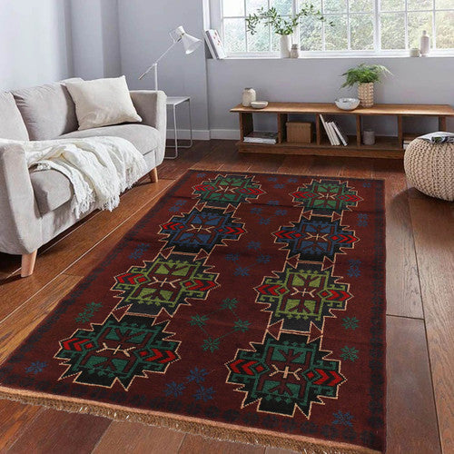 Authentic Afghan Wool Rug Handwoven with Baloch Tribal Motifs by Women