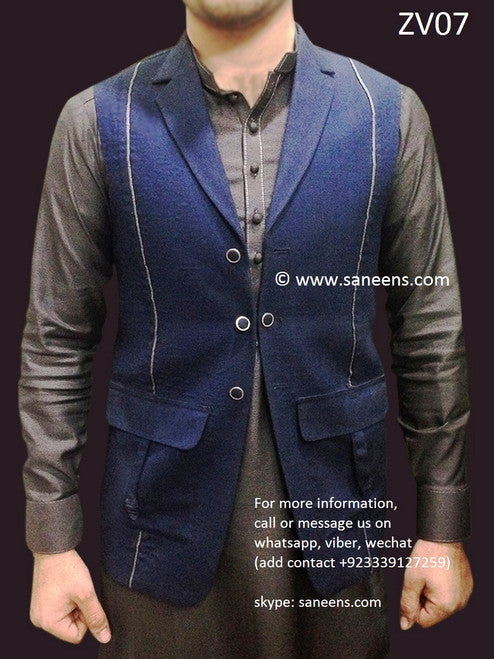 Handcrafted Pashtun Men Vest In Blue Color