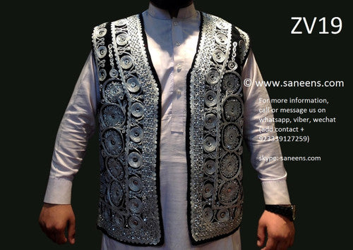 Zardozi Work Afghan Vest Pashtun Waistcoat Black Silver Color