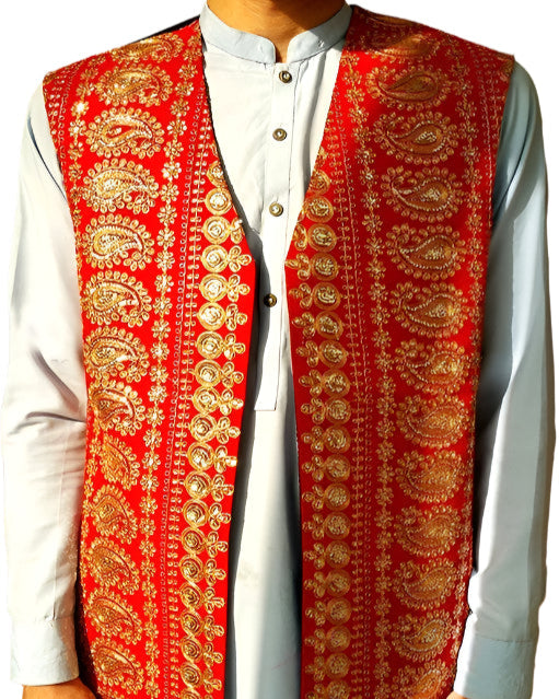 Pashtun Velvet Vest – Afghan Waskat Waistcoat in Red