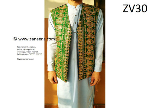 Afghan Waistcoat – Green Pashtun Vest Waskat