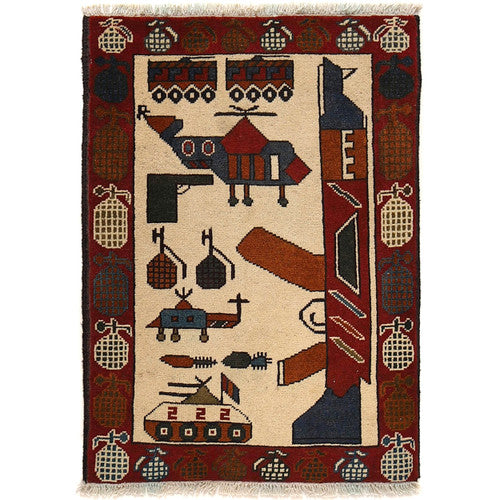Oriental Hand-Knotted Small Rug 2'0"x2'9" Riffle Tank Helicopter War Rug