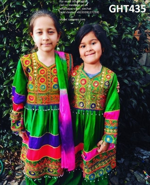 Afghan Pashtun Kids Frock Muslim Fashion Dress In Green Color