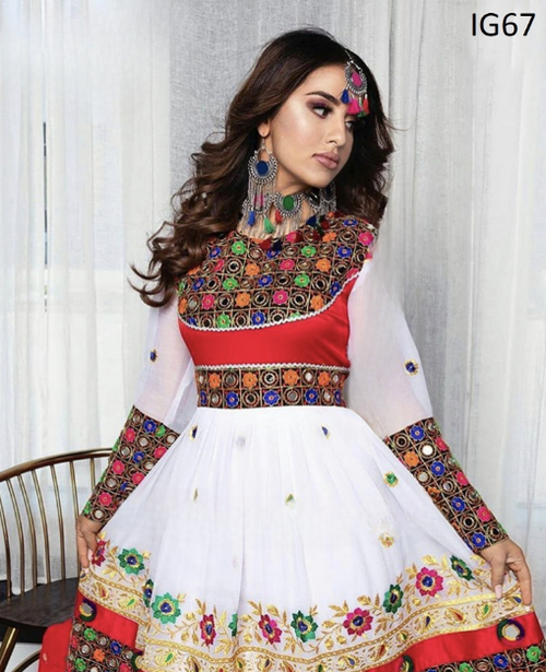 Afghan Girls Mirror Work White Dress