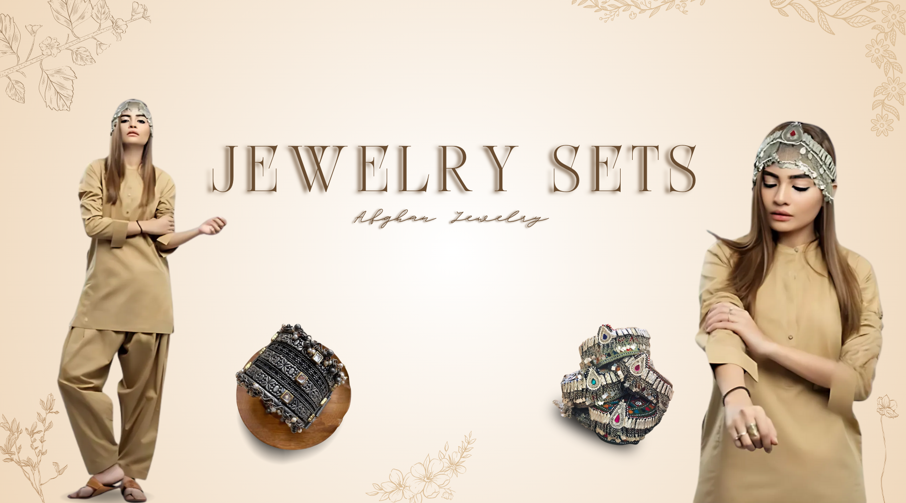 Afghan jewelry sets featuring traditional necklaces, earrings, and headpieces adorned with colorful stones, intricate metalwork, and ethnic patterns, displayed on a neutral background.