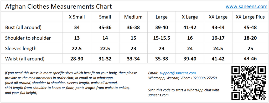 Afghan Clothes size chart guide