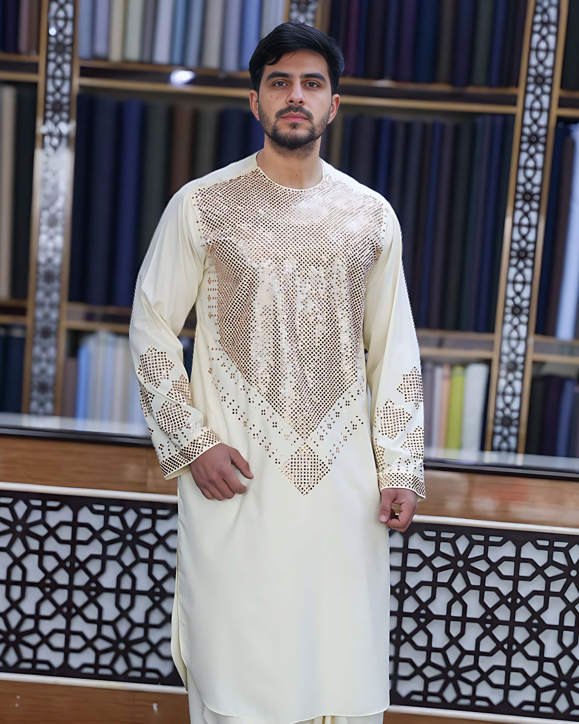 Man wearing a white embroidered traditional outfit in front of a bookshelf.