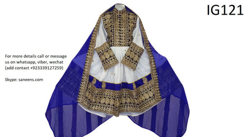 New afghan tribal nomad style white and blue hard embroidery  dress