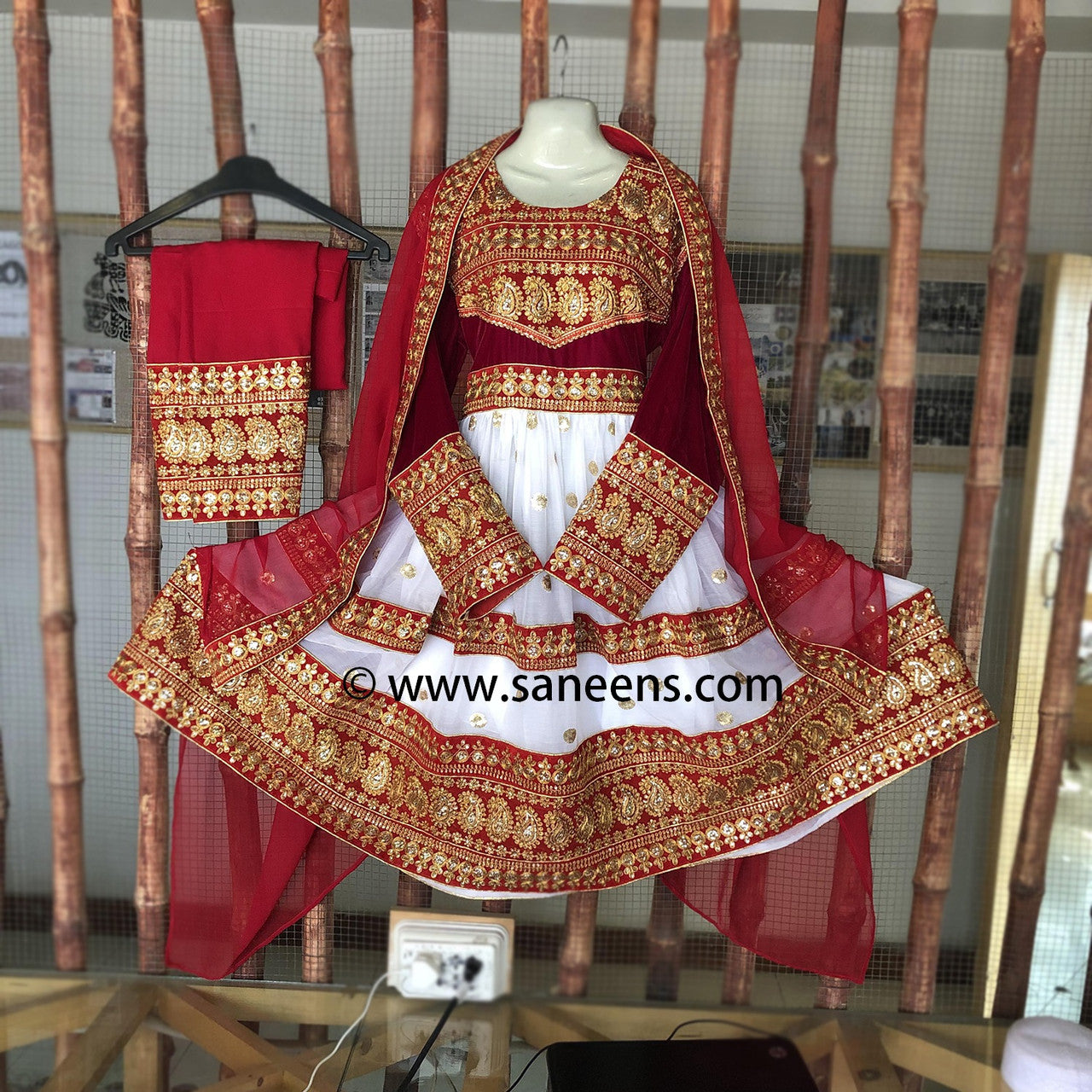 traditional saneens white and red color dress