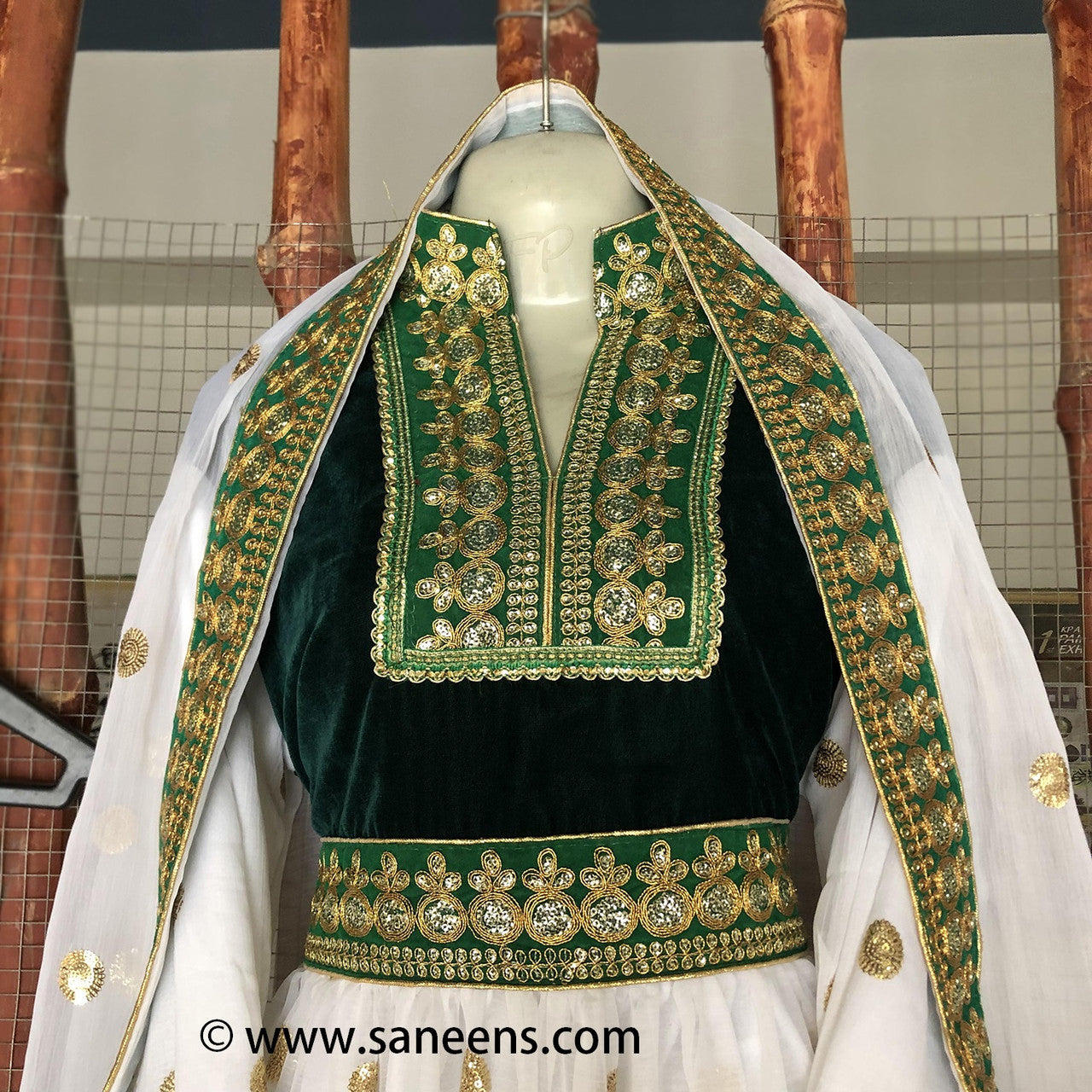 embroidery green and white suit