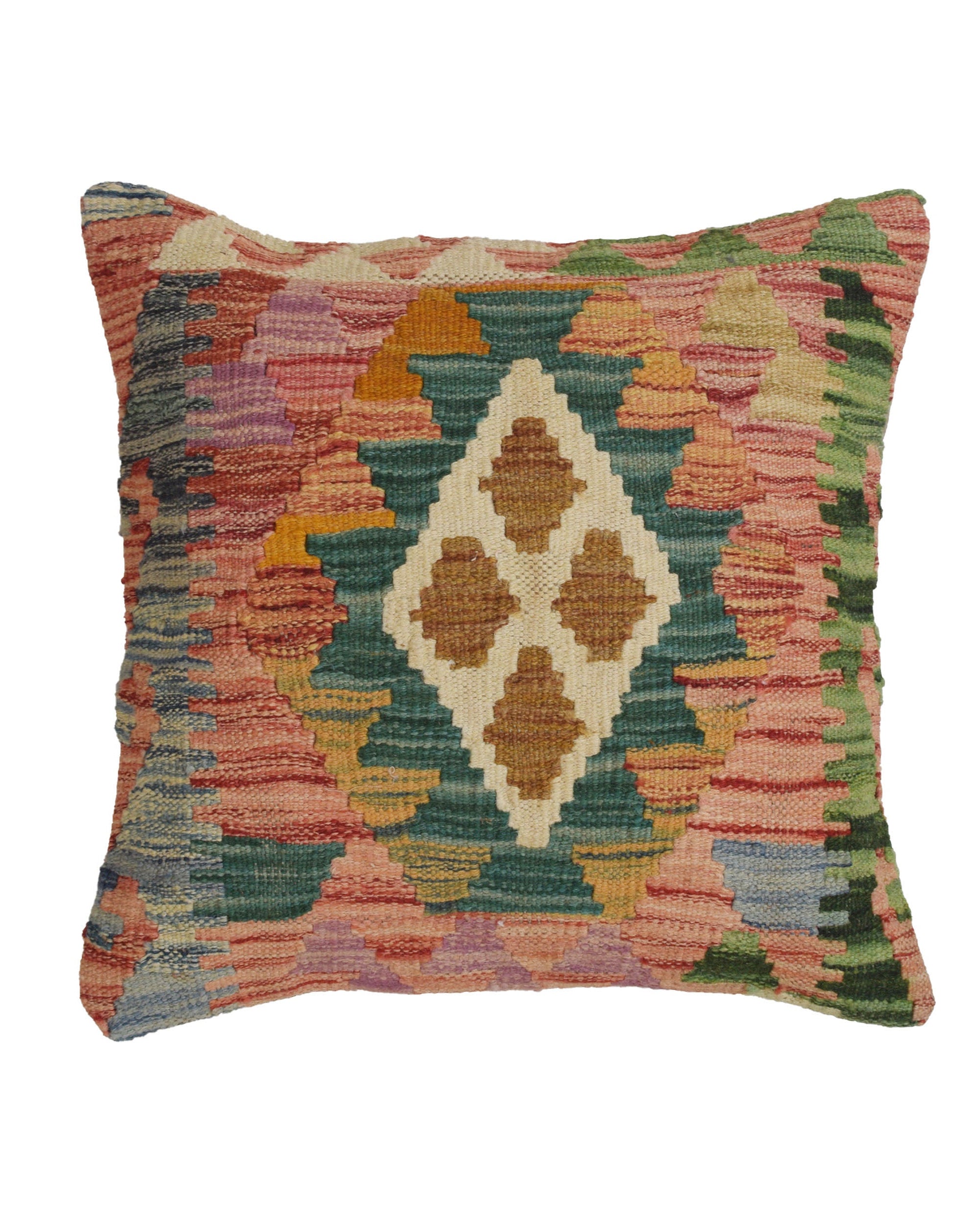 Multicolored patterned pillow on a white background