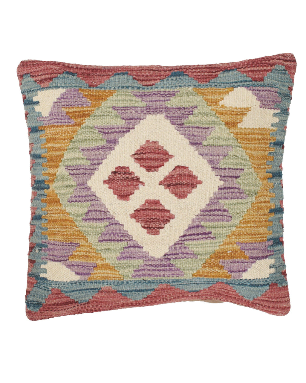 Multicolored patterned pillow with geometric design on a white background