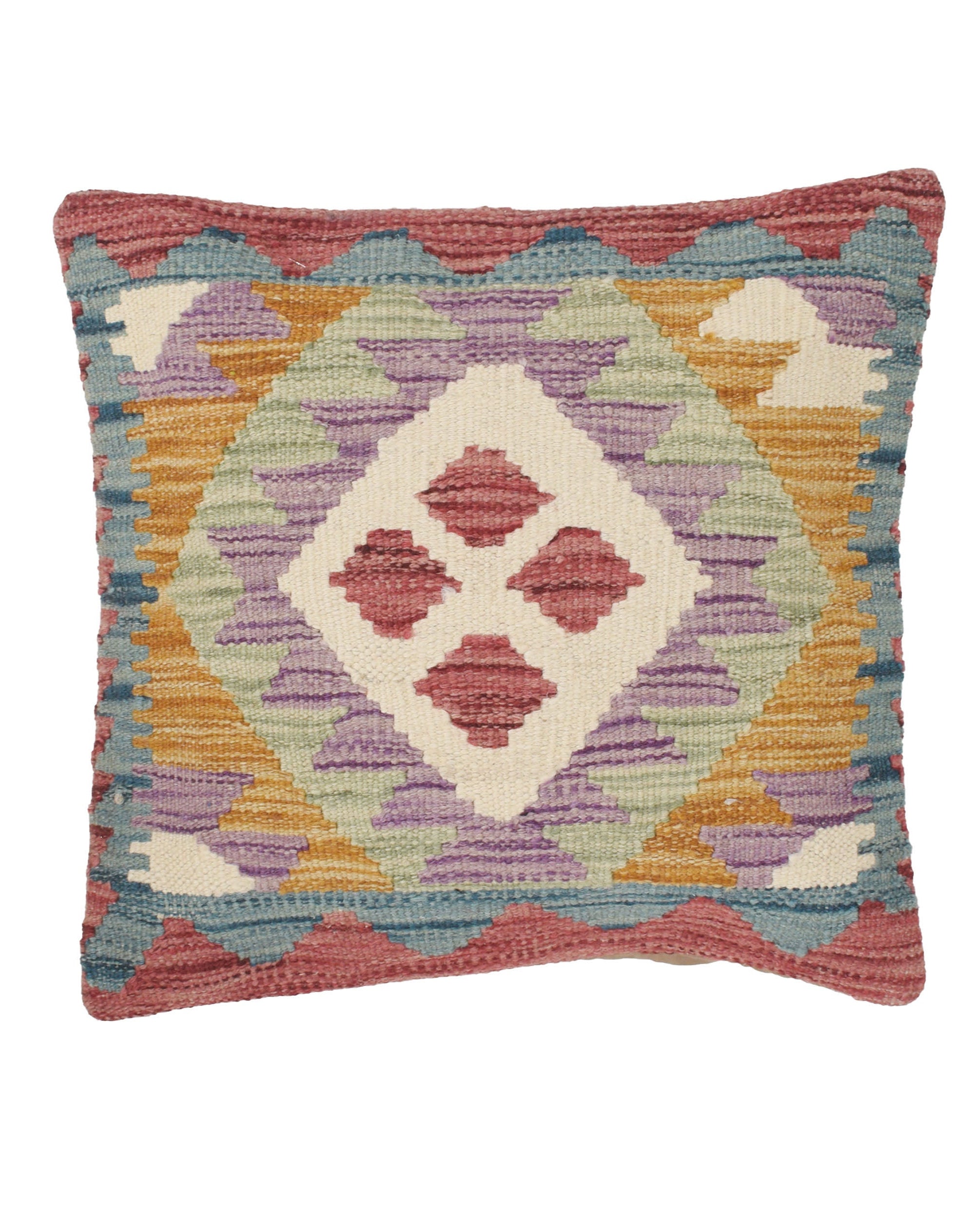 Multicolored patterned pillow with geometric design on a white background