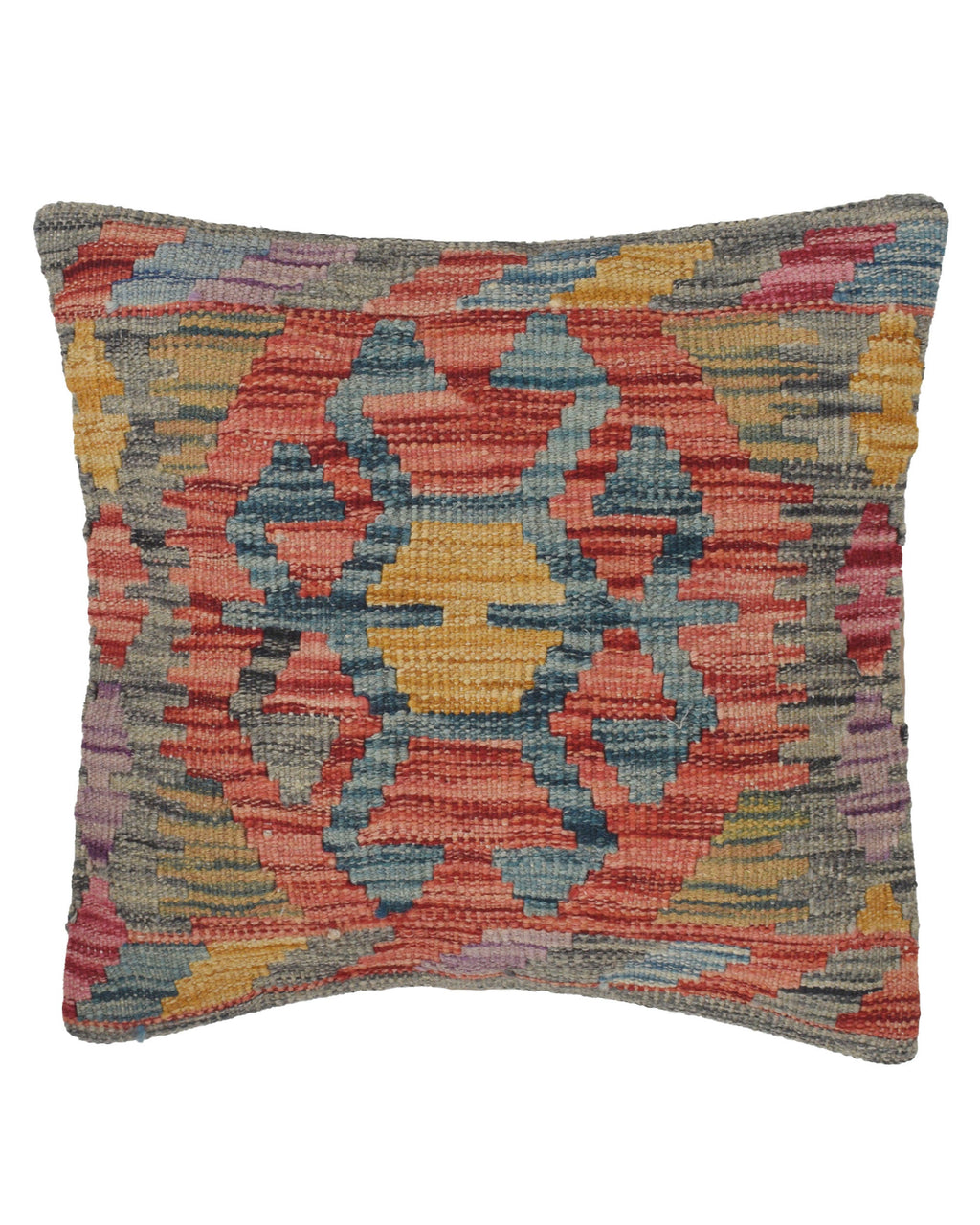 Multicolored patterned pillow on a white background