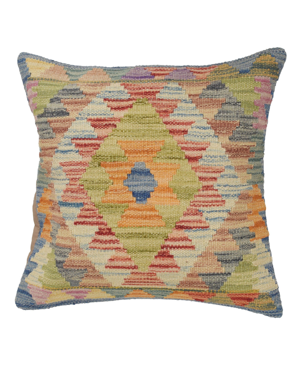Multicolored geometric patterned pillow on a white background