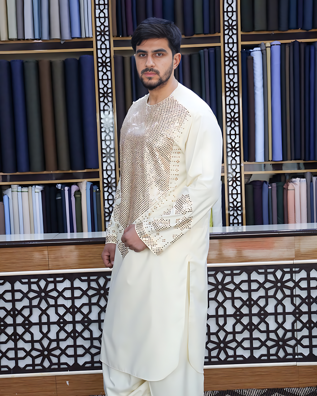 Man wearing a traditional white outfit with intricate patterns in a room with bookshelves.