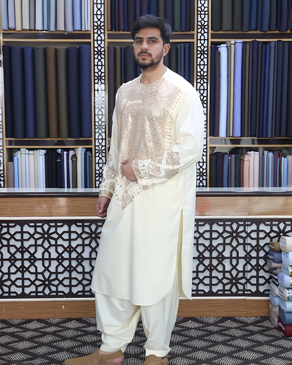 Man wearing a traditional outfit in front of a fabric display