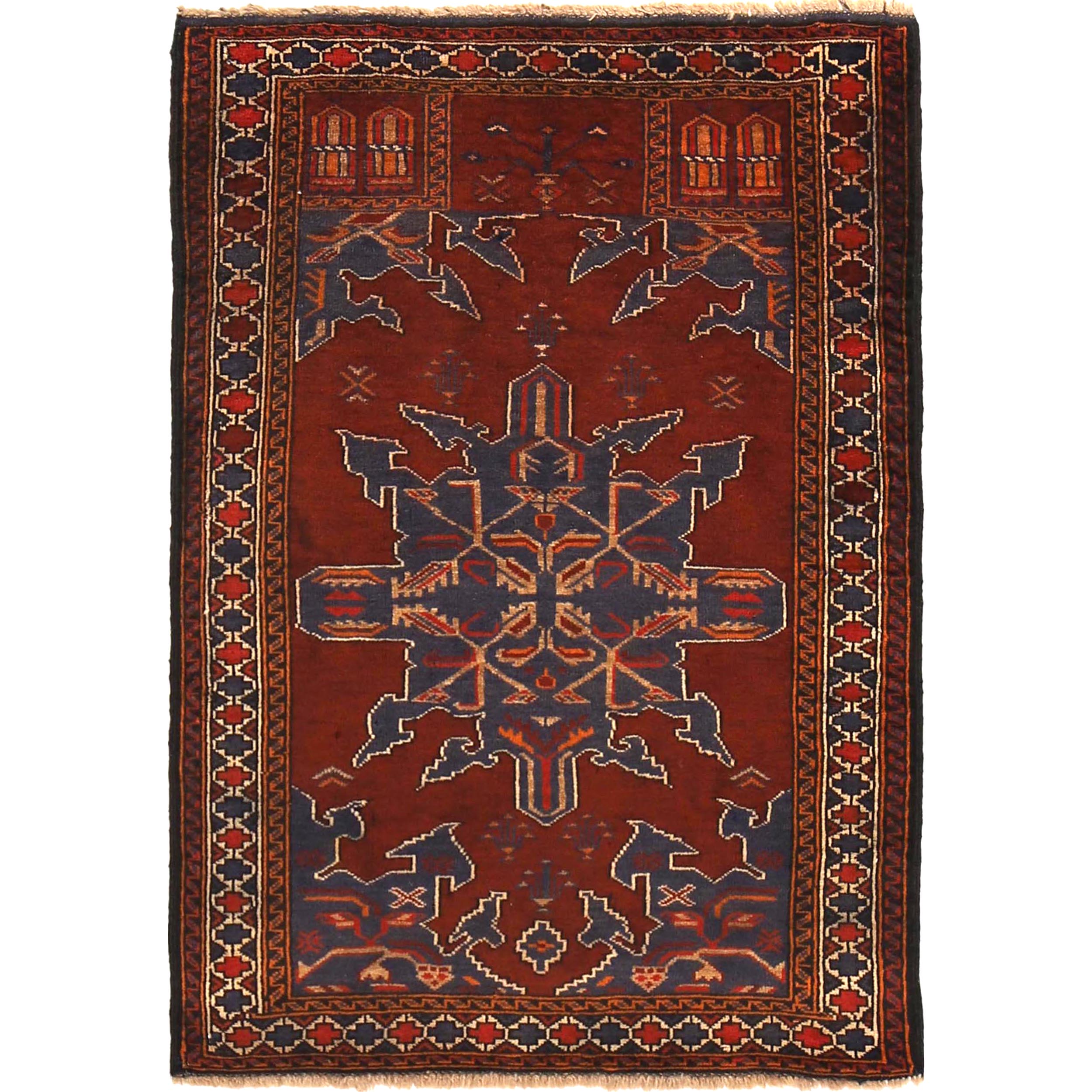 Afghan Tribal Prayer Rug Design 3.7x2.6 ft