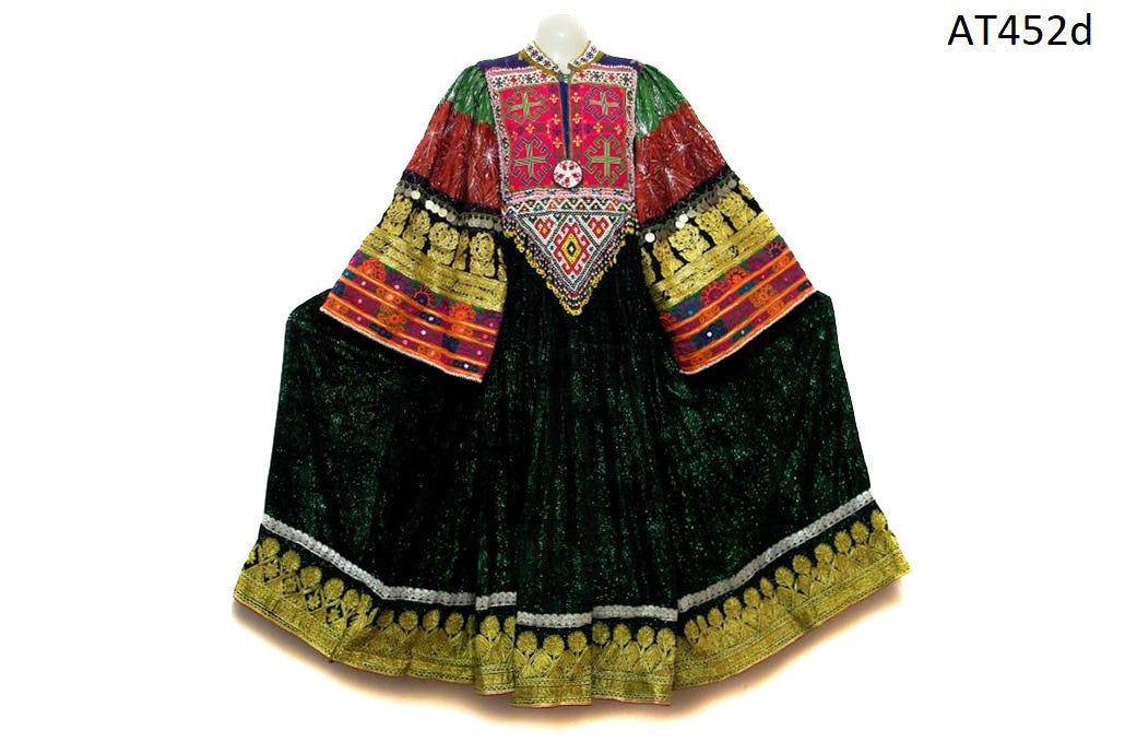 Formal Afghan Women Dress In Glowing Green Color Tribal Ethnic Coin Frock
