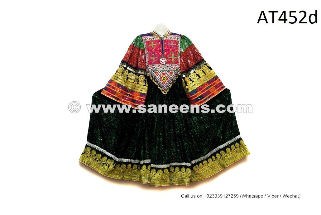 Formal Afghan Women Dress In Glowing Green Color Tribal Ethnic Coin Frock