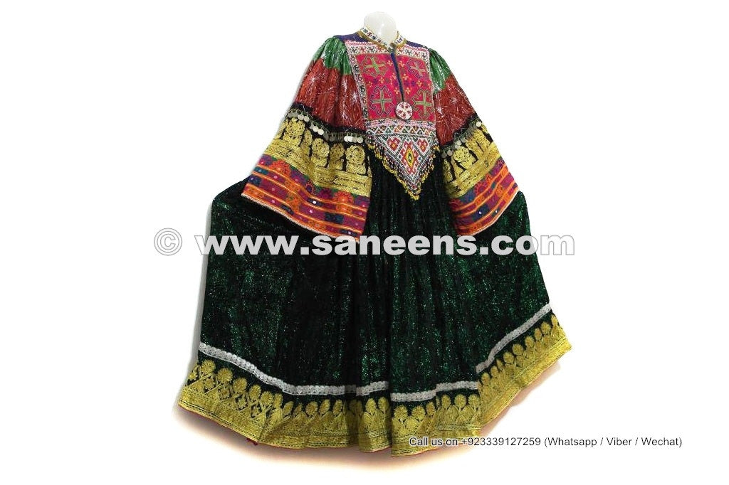 Formal Afghan Women Dress In Glowing Green Color Tribal Ethnic Coin Frock