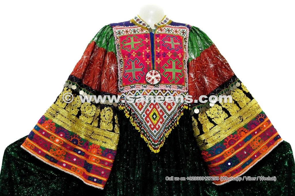 Formal Afghan Women Dress In Glowing Green Color Tribal Ethnic Coin Frock