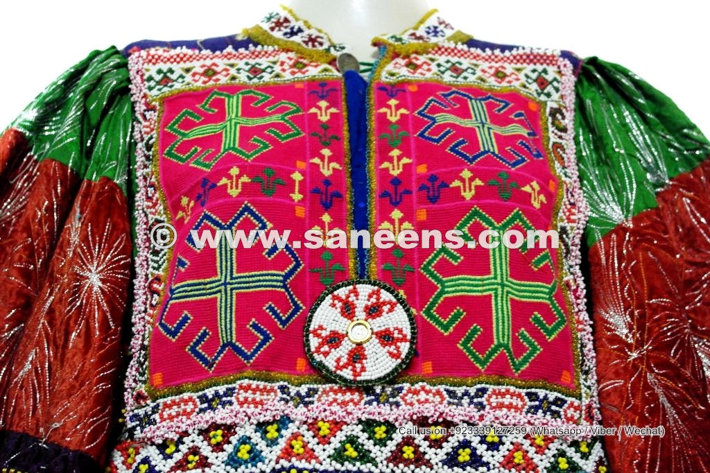 Formal Afghan Women Dress In Glowing Green Color Tribal Ethnic Coin Frock
