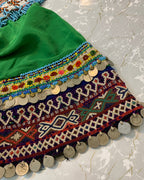 Decorative fabric with intricate patterns and colorful embellishments on a marble surface