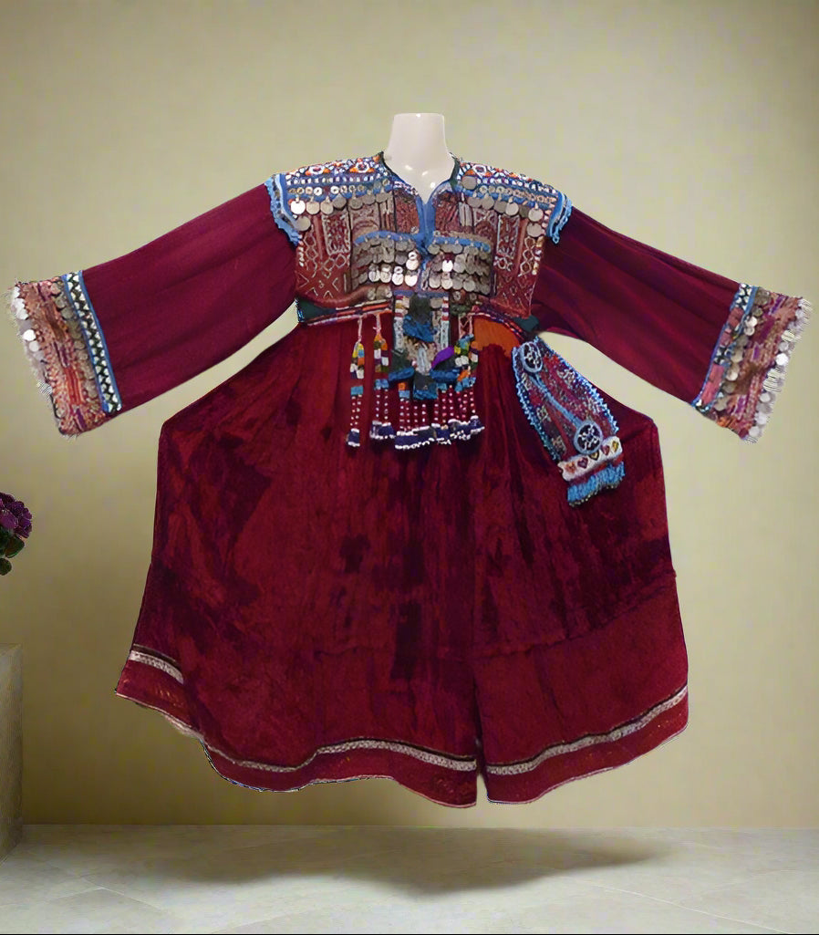 Afghan Baloch Vintage Coins Maroon Dress