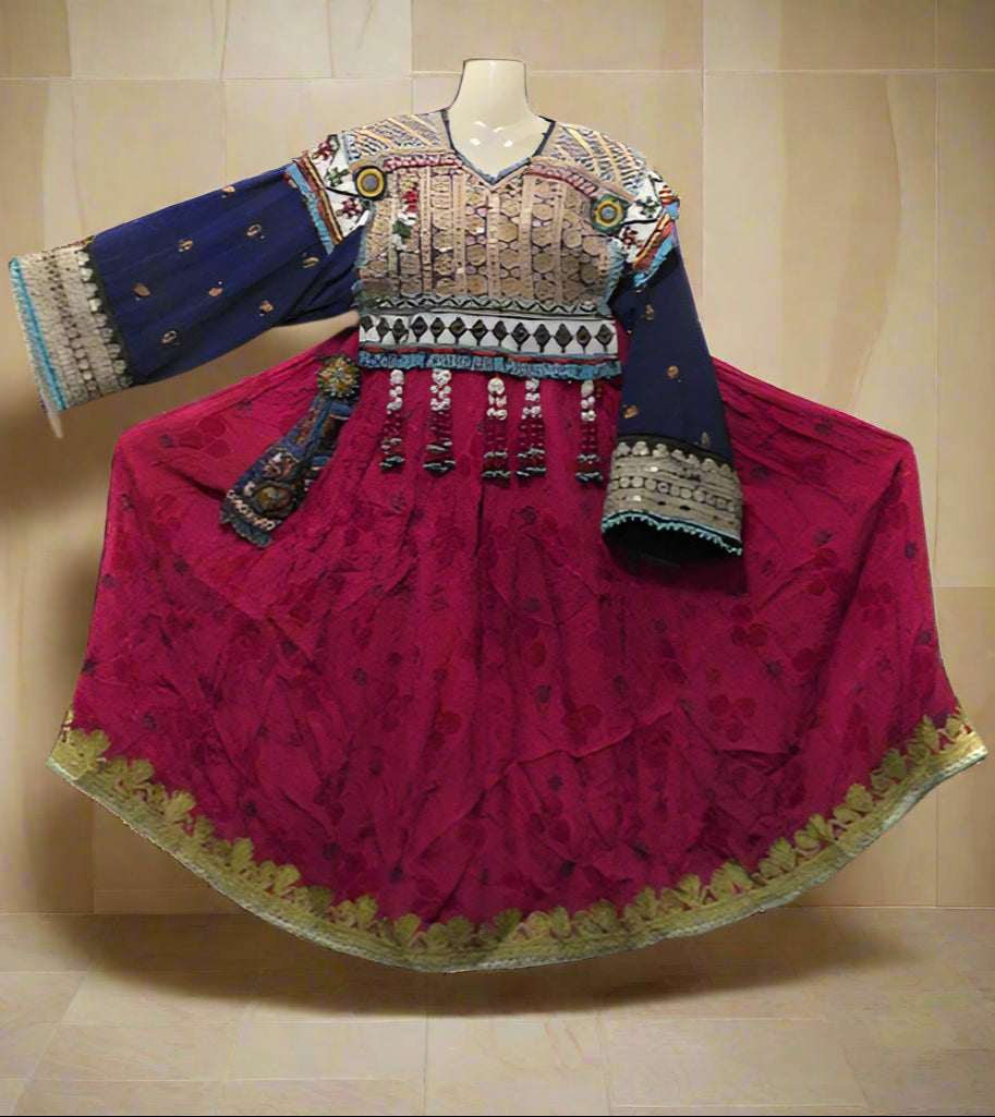 afghan kuchi coins frock in pink color